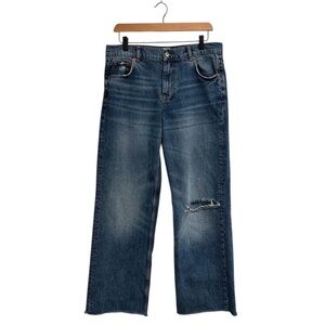 Zara Women’s Wide Leg Blue Jeans Distressed 100% Cotton Raw Hem